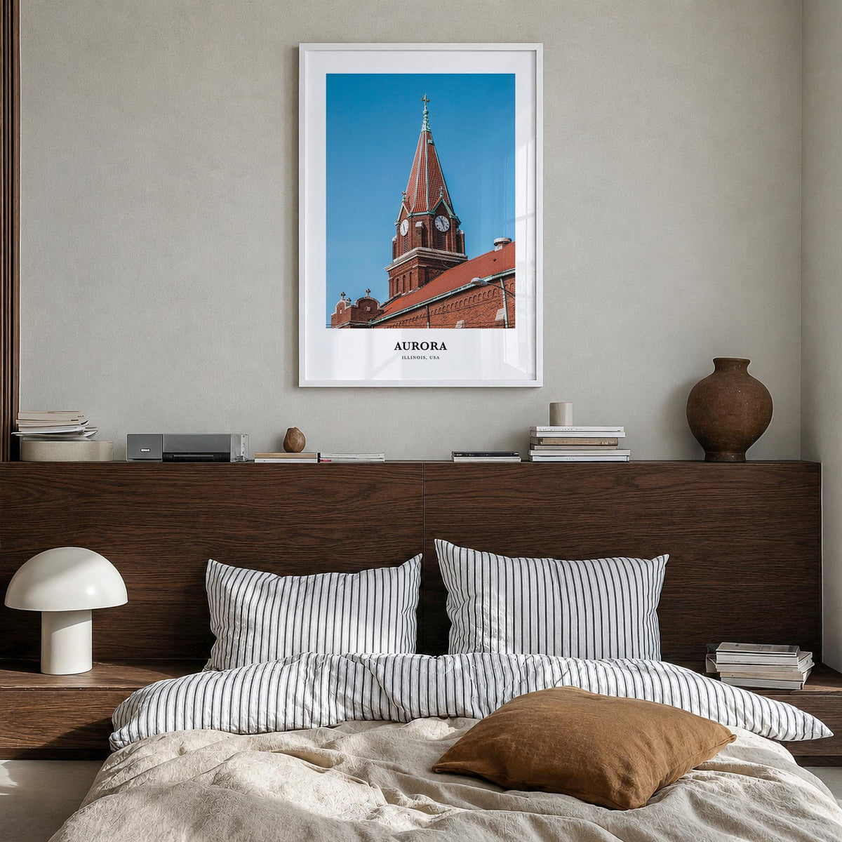 Aurora, Illinois colorful classic poster of Illinois, USA – vertical wall art in white wood frame, hanging on wall
