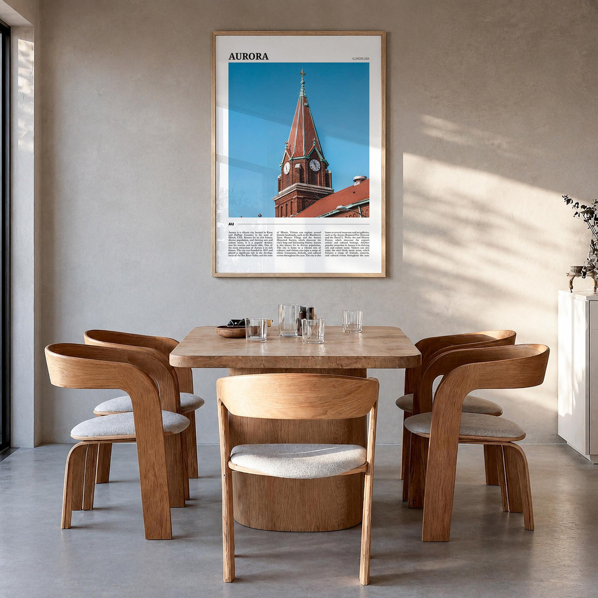 Aurora, Illinois colorful travel poster of Illinois, USA – vertical wall art in natural wood frame, hanging on wall