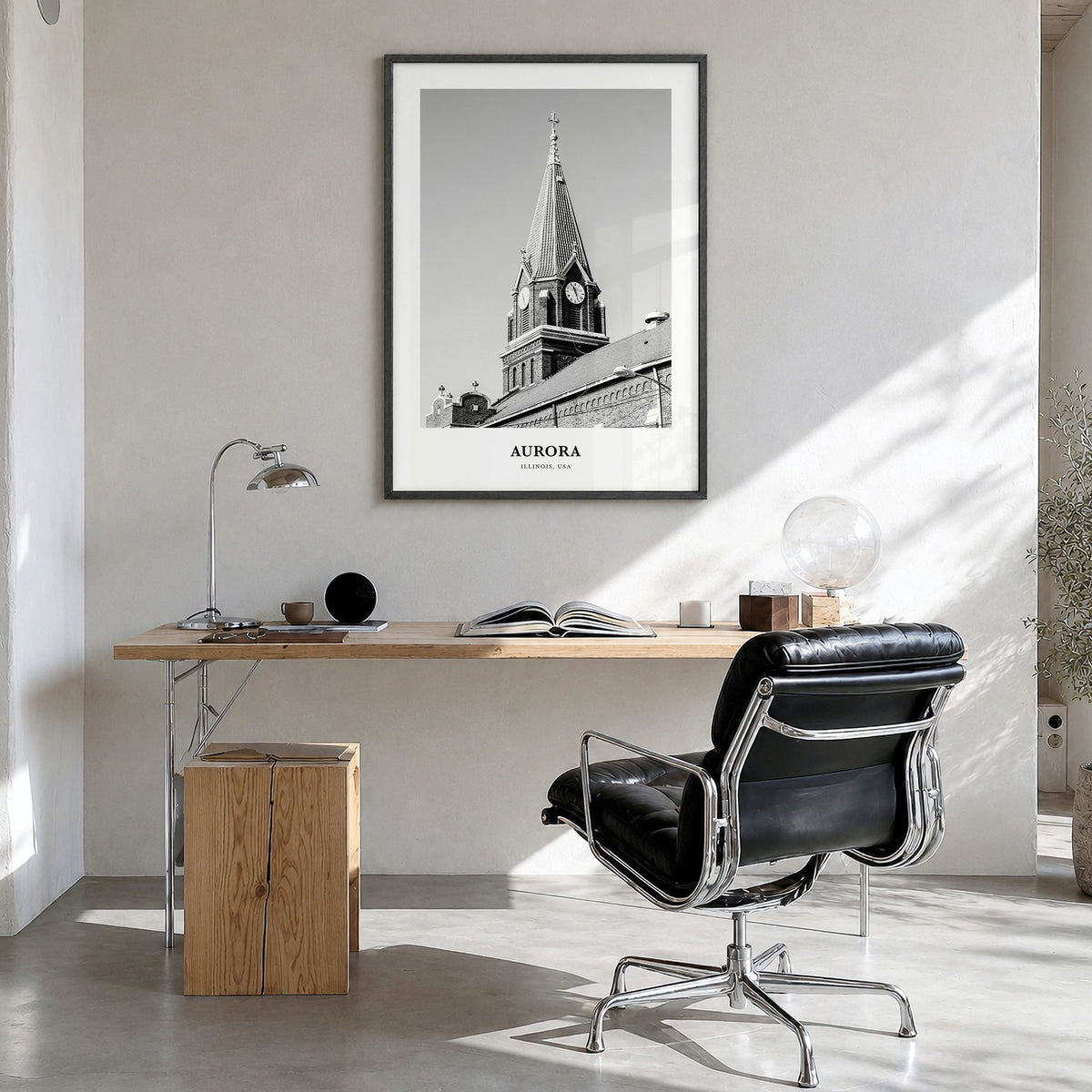 Aurora, Illinois Classic Poster in a black wood frame, hanging in a bright home office