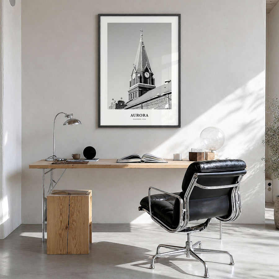 Aurora, Illinois Classic Poster in a black wood frame, hanging in a bright home office