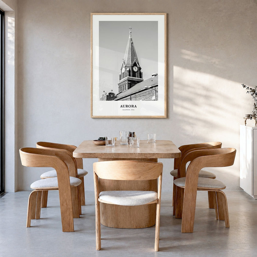 Aurora, Illinois Classic Poster in a natural wood frame, hanging in a dining room