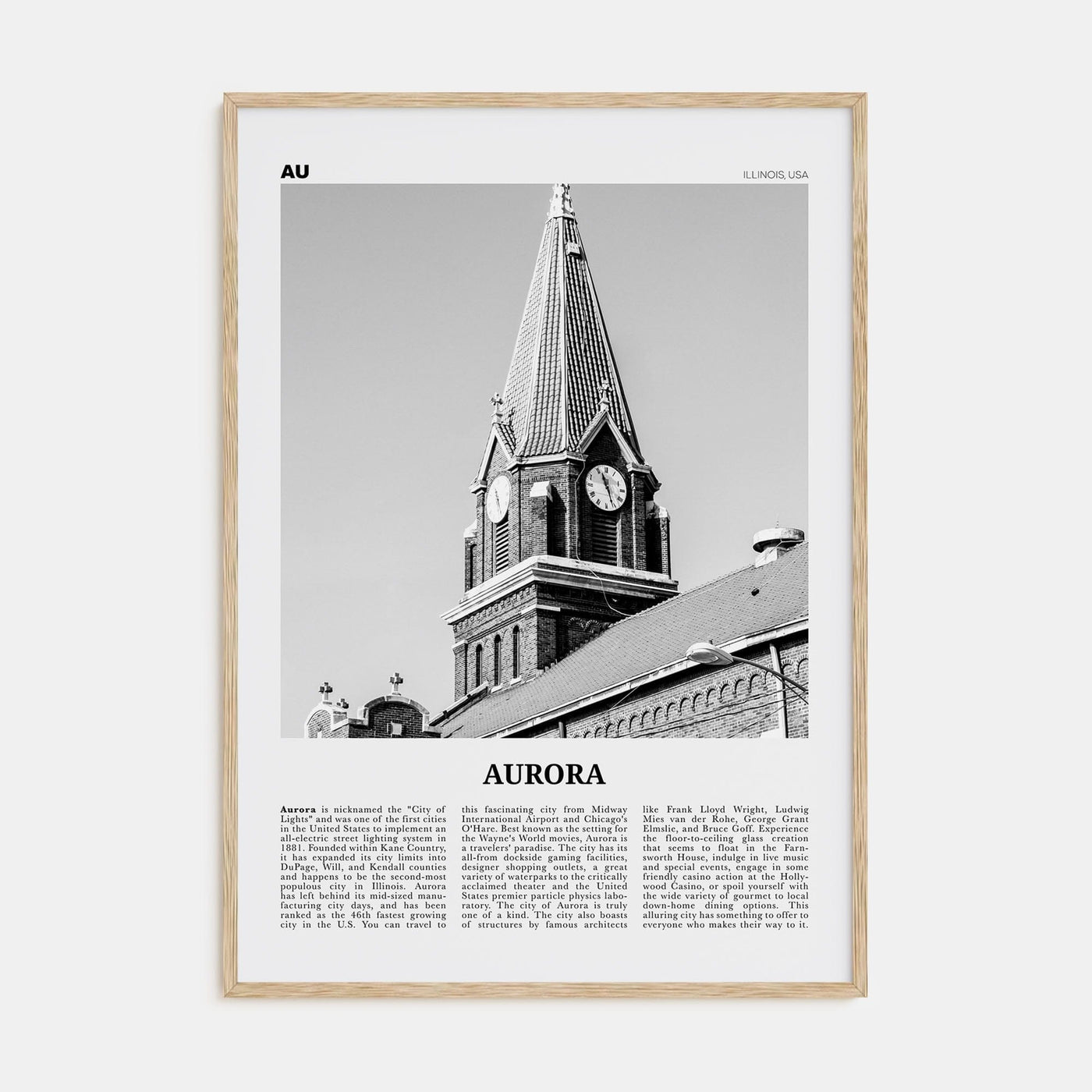 Aurora, Illinois Poster Natural Wood / 8x12 in Nbourhood Travel B&W Poster