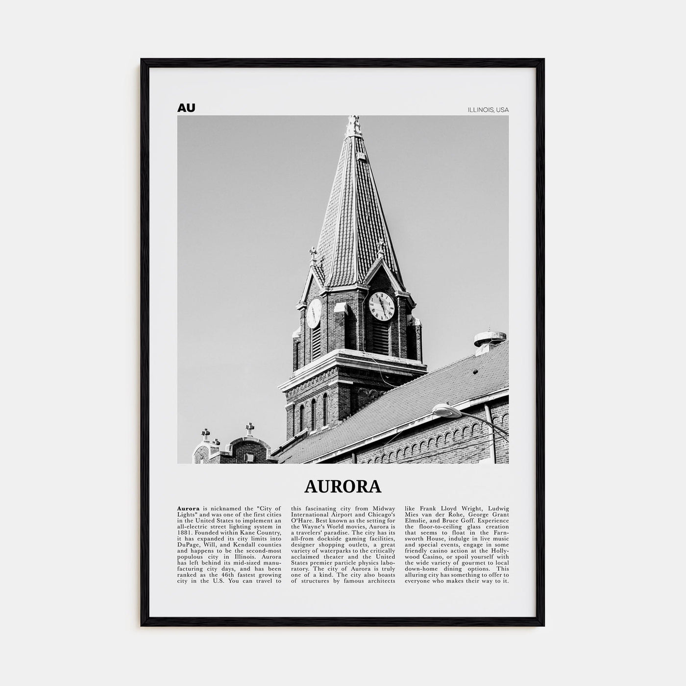 Aurora, Illinois Poster Black Wood / 8x12 in Nbourhood Travel B&W Poster