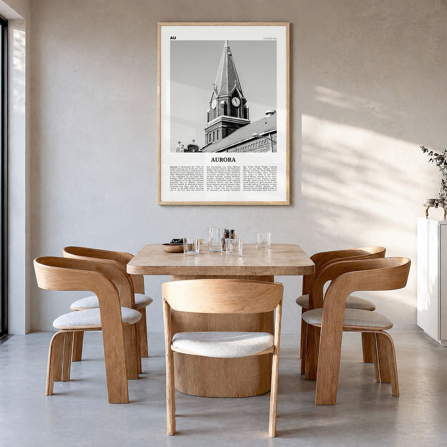 Aurora, Illinois Newspaper Poster in a natural wood frame, hanging in a dining room