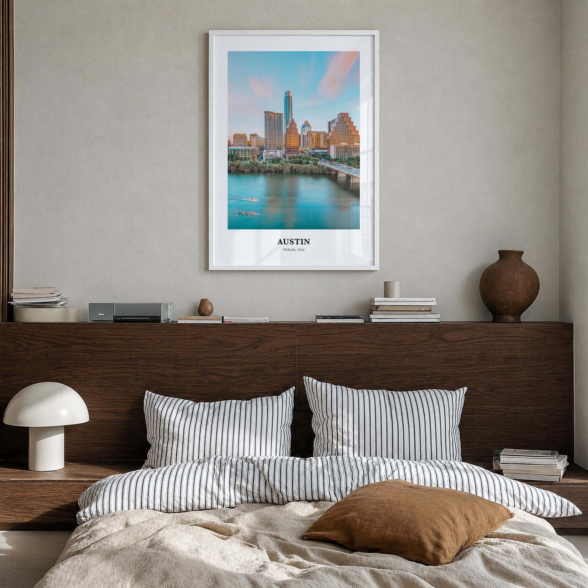 Austin colorful classic poster of Texas, USA – vertical wall art in white wood frame, hanging on wall