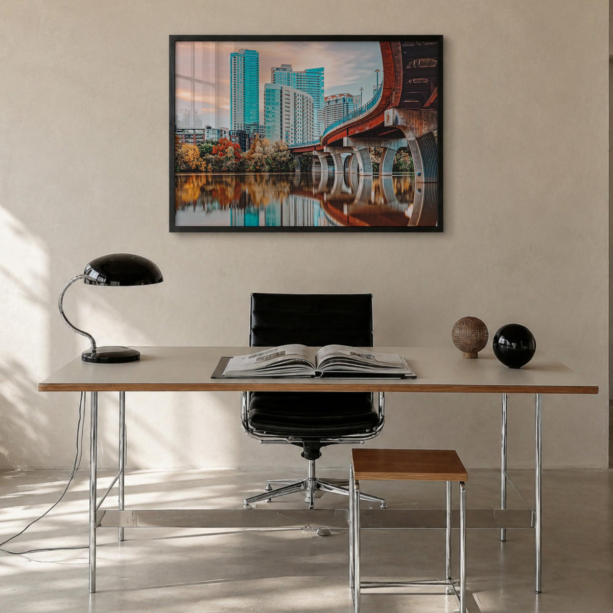 Austin colorful photo poster of Texas, USA – horizontal wall art in black wood frame, hanging on wall