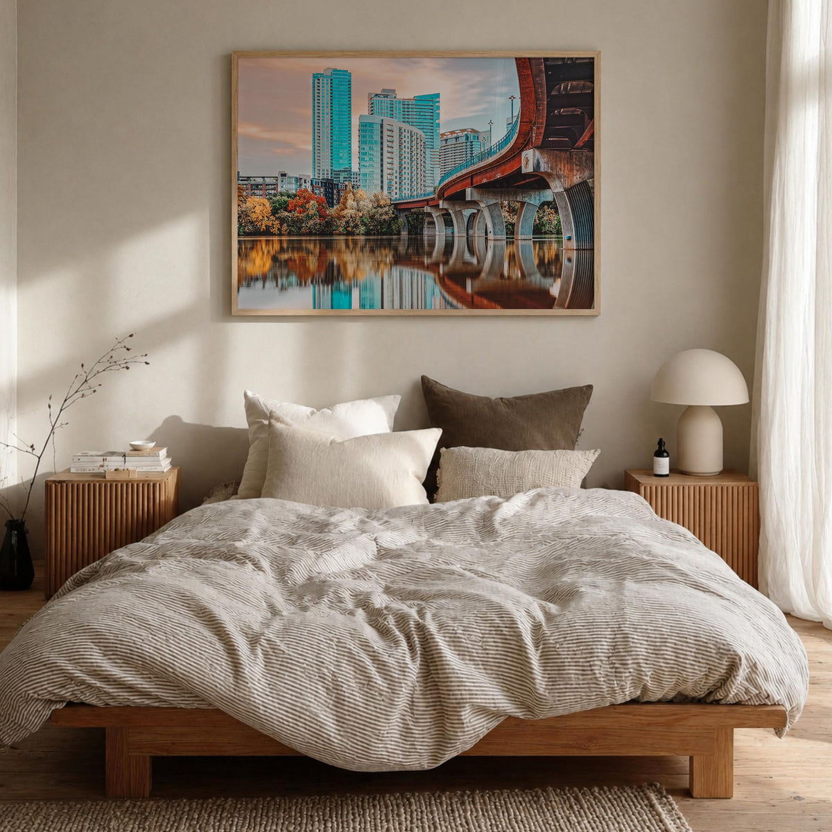Austin colorful photo poster of Texas, USA – horizontal wall art in natural wood frame, hanging on wall