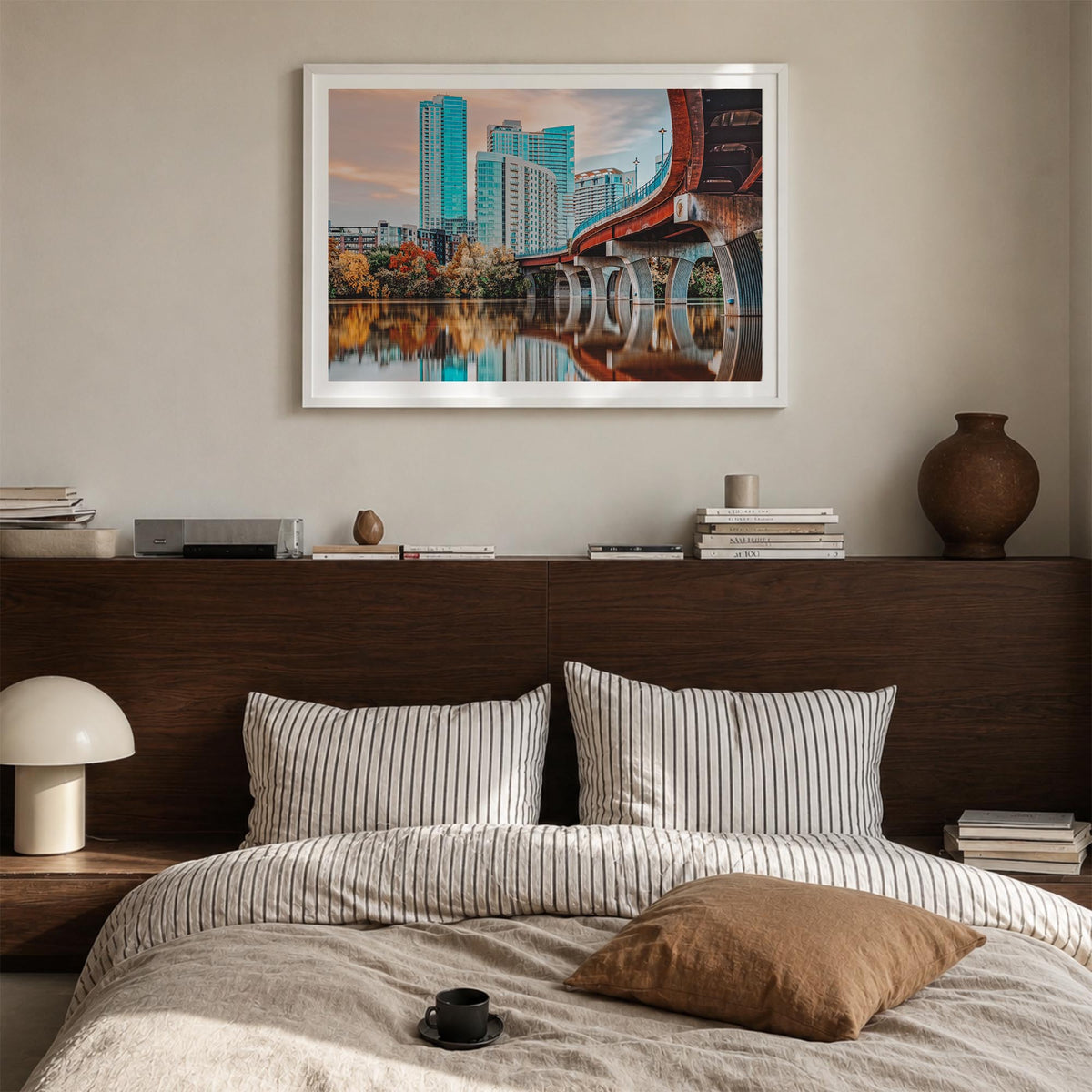 Austin colorful photo poster of Texas, USA – horizontal wall art in white wood frame with white border, hanging on wall