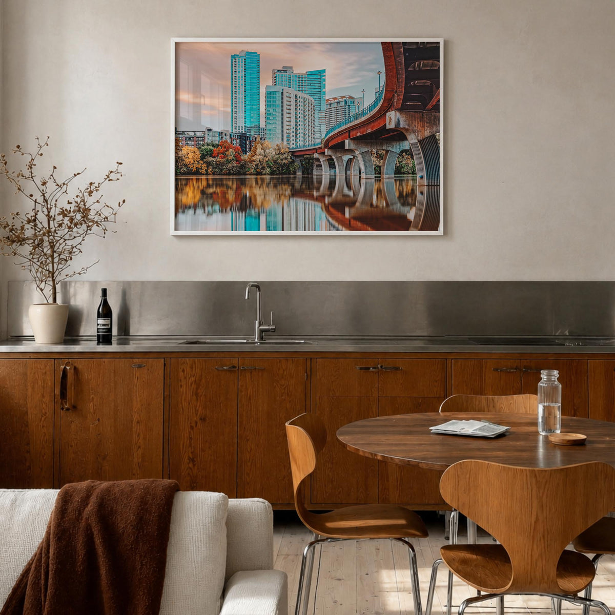 Austin colorful photo poster of Texas, USA – horizontal wall art in white wood frame, hanging on wall