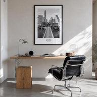 Austin no. 1 black & white classic poster of Texas, USA – vertical wall art in black wood frame, hanging on wall