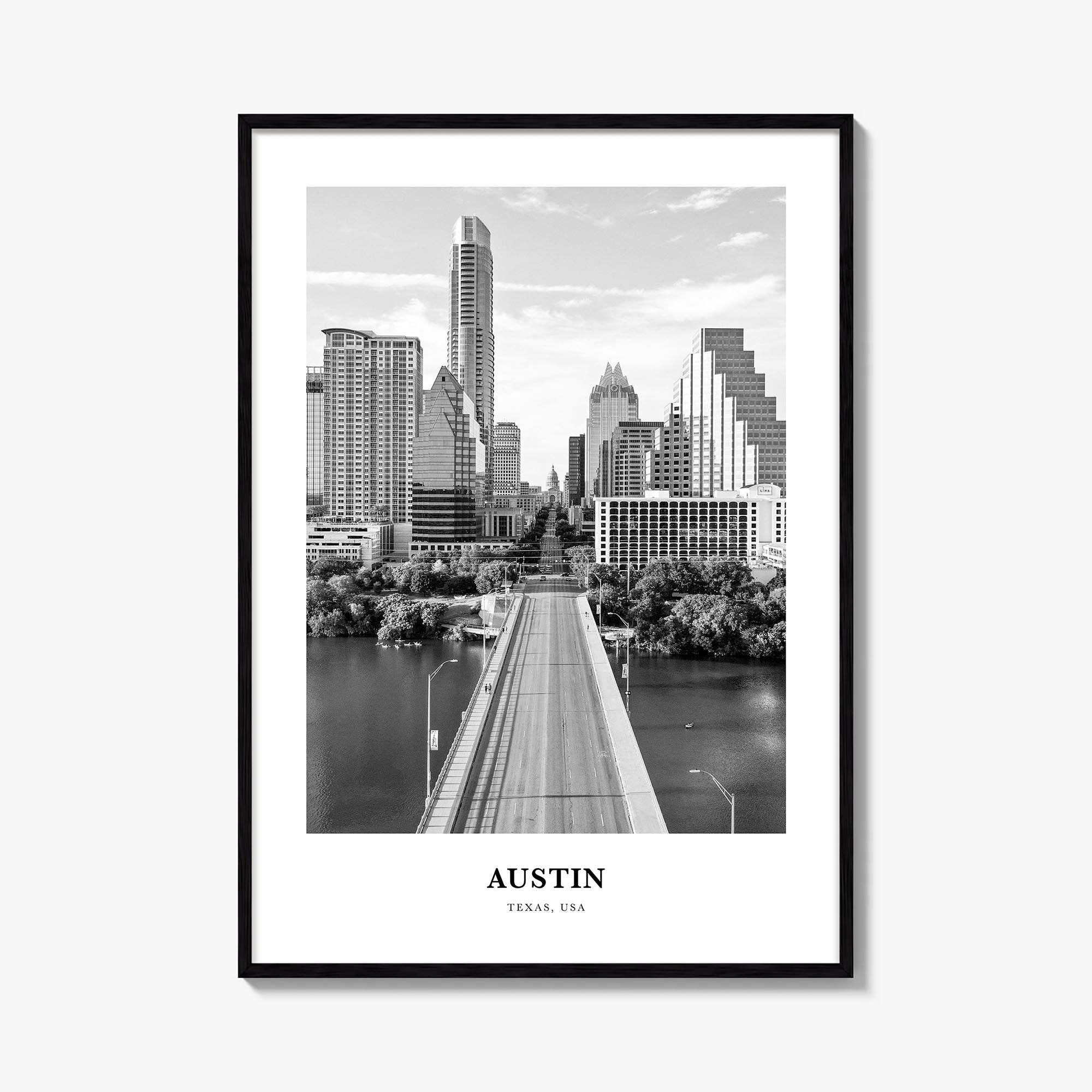 Austin no. 1 black & white classic poster of Texas, USA – vertical wall art, unframed print shown in interior mockup