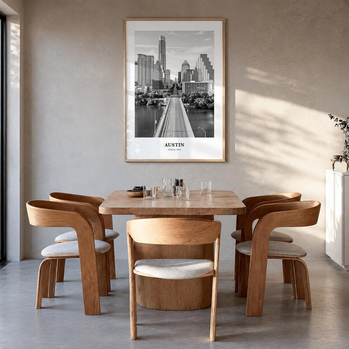 Austin no. 1 black & white classic poster of Texas, USA – vertical wall art in natural wood frame, hanging on wall