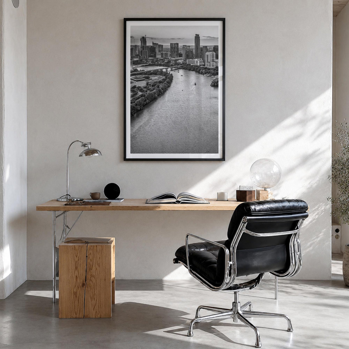 Austin no. 1 black & white photo poster of Texas, USA – vertical wall art in black wood frame with white border, hanging on w
