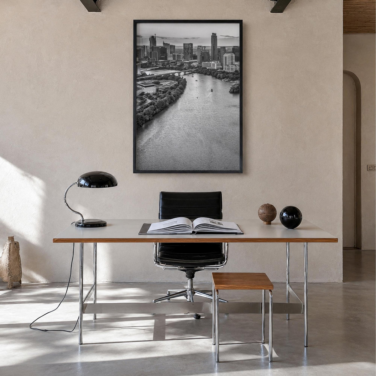Austin no. 1 black & white photo poster of Texas, USA – vertical wall art in black wood frame, hanging on wall