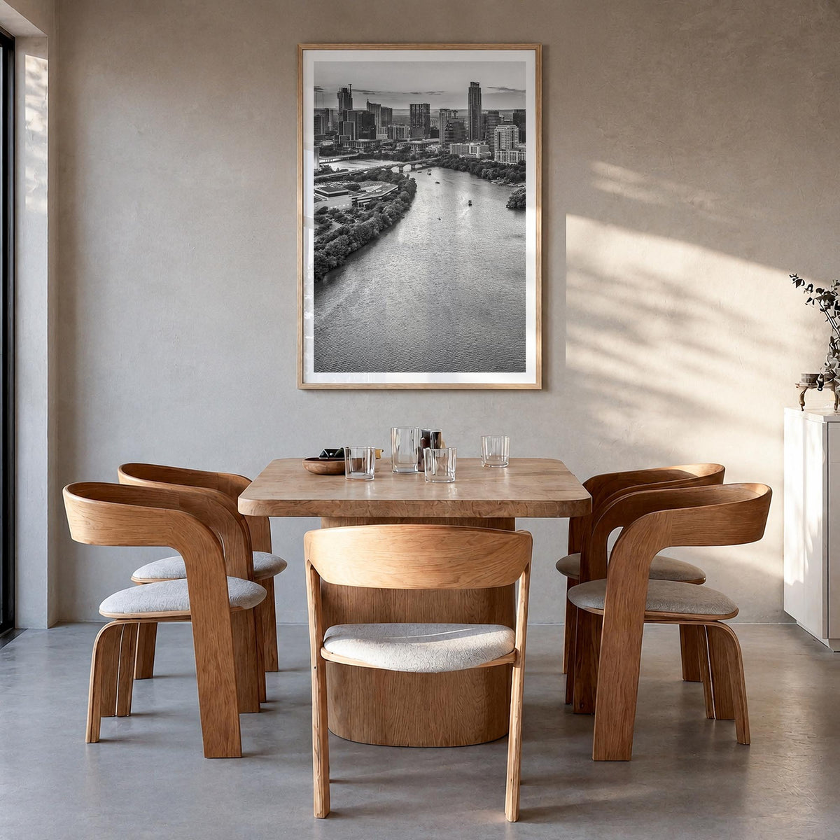 Austin no. 1 black & white photo poster of Texas, USA – vertical wall art in natural wood frame with white border, hanging on