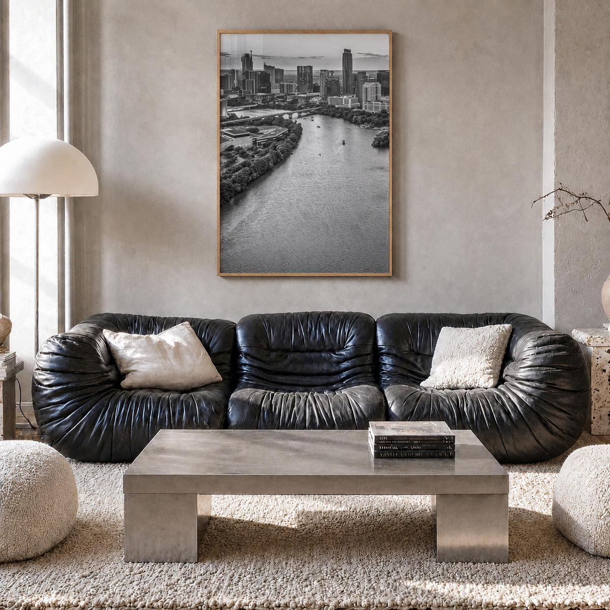 Austin no. 1 black & white photo poster of Texas, USA – vertical wall art in natural wood frame, hanging on wall