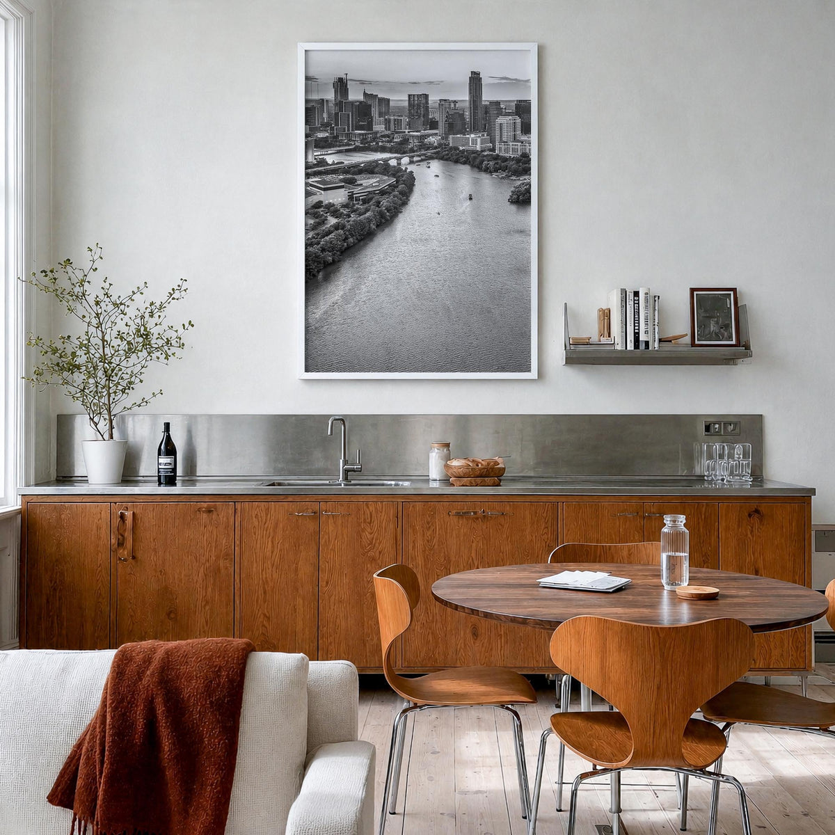Austin no. 1 black & white photo poster of Texas, USA – vertical wall art in white wood frame, hanging on wall