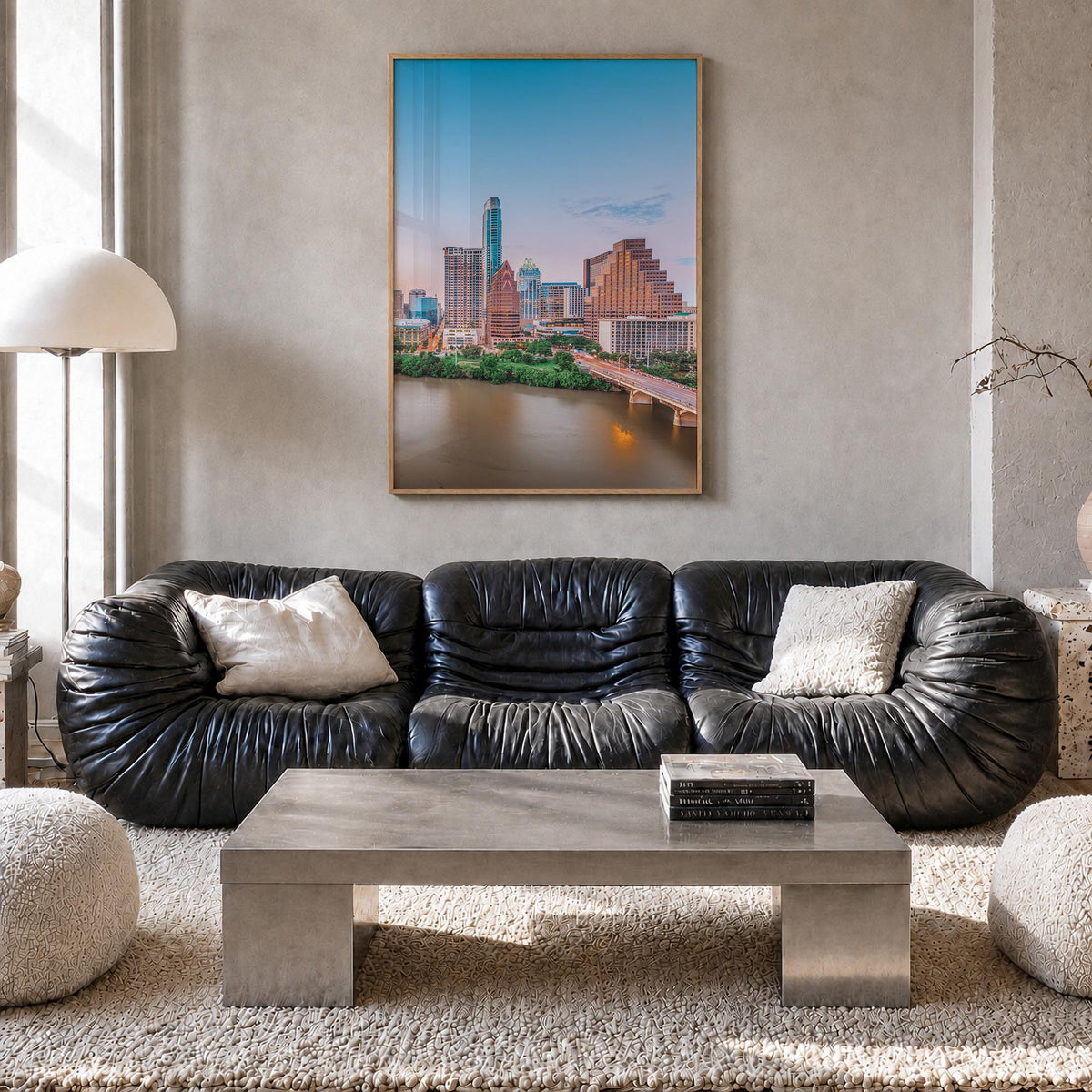 Austin no. 1 colorful photo poster of Texas, USA – vertical wall art in natural wood frame, hanging on wall