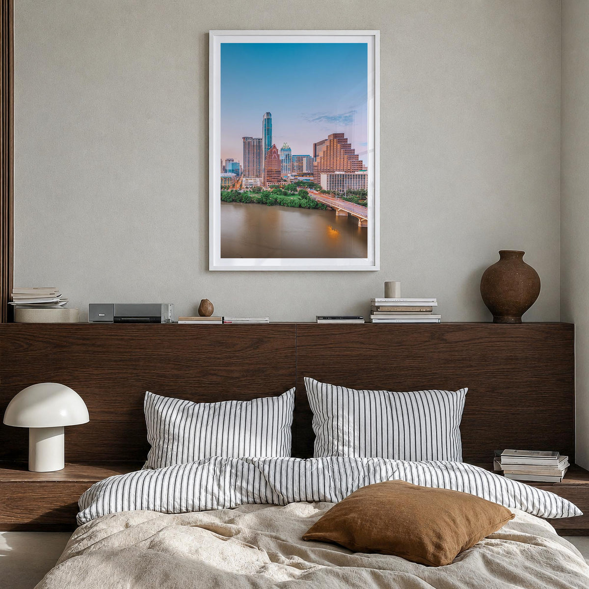 Austin no. 1 colorful photo poster of Texas, USA – vertical wall art in white wood frame with white border, hanging on wall