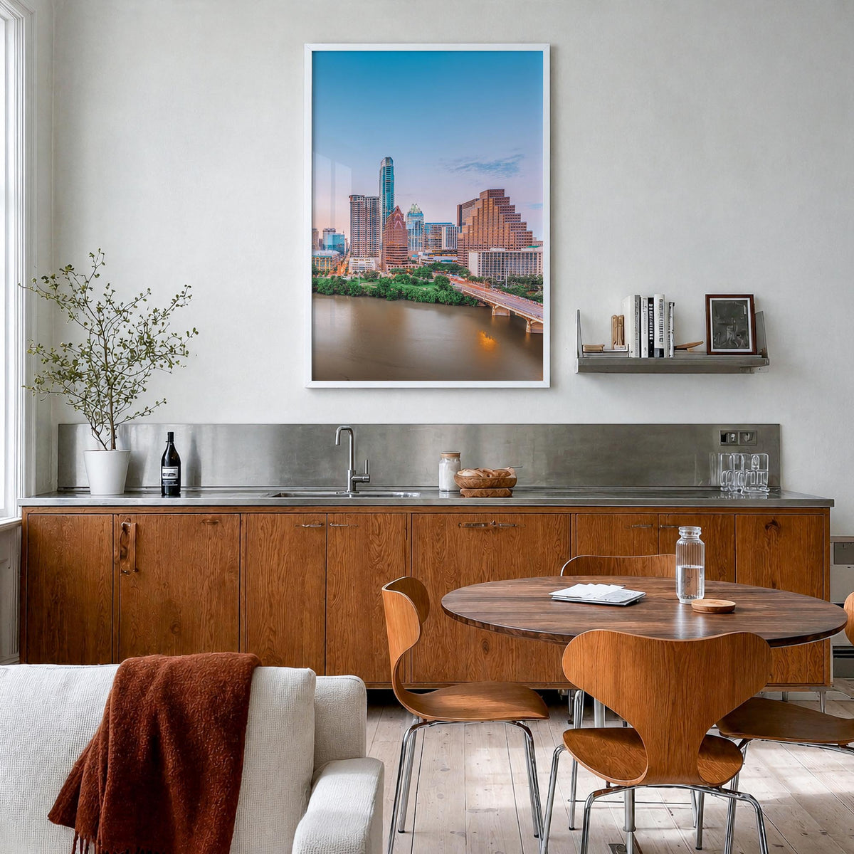 Austin no. 1 colorful photo poster of Texas, USA – vertical wall art in white wood frame, hanging on wall