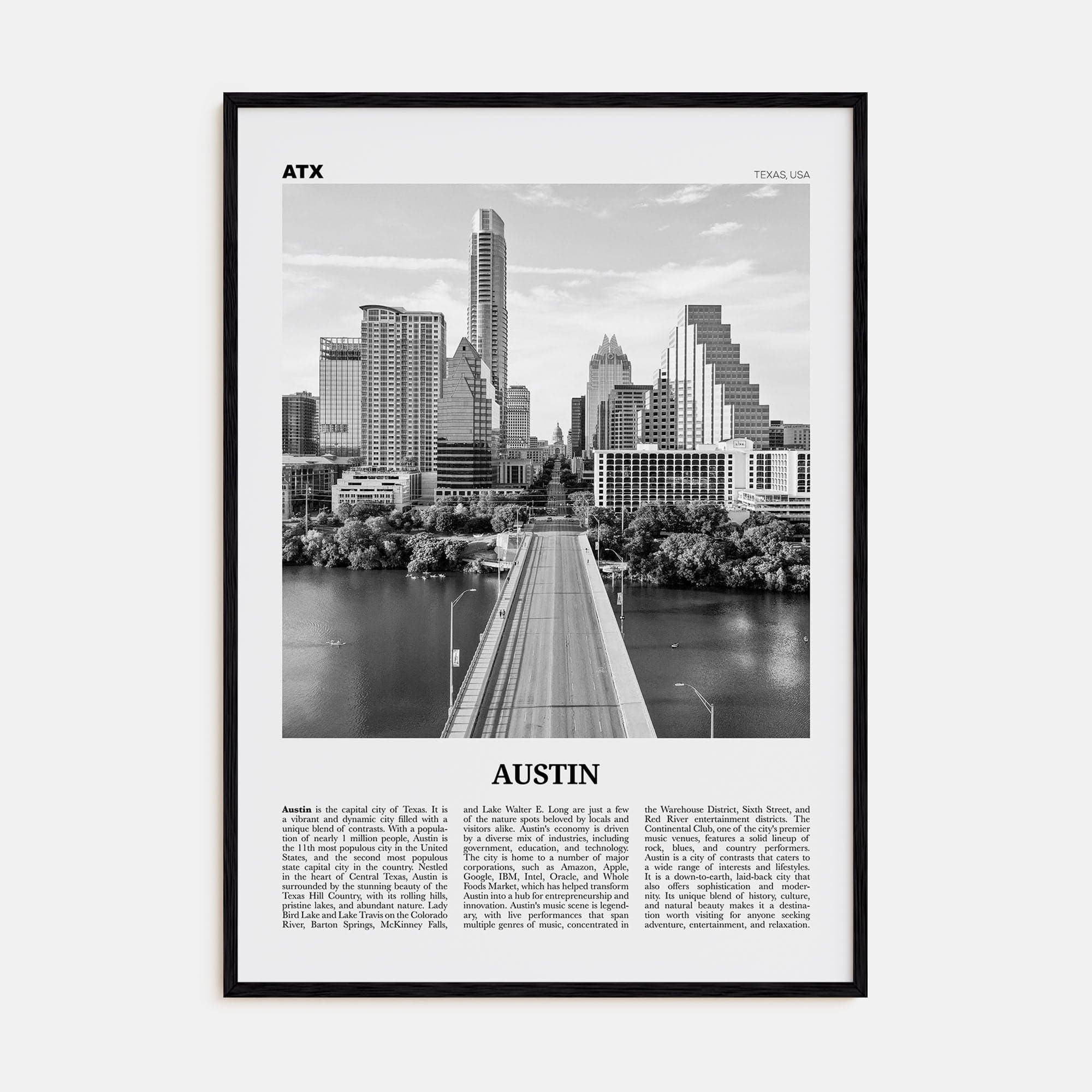 Austin No 1 Poster Black Wood / 8x12 in Nbourhood Travel B&W Poster