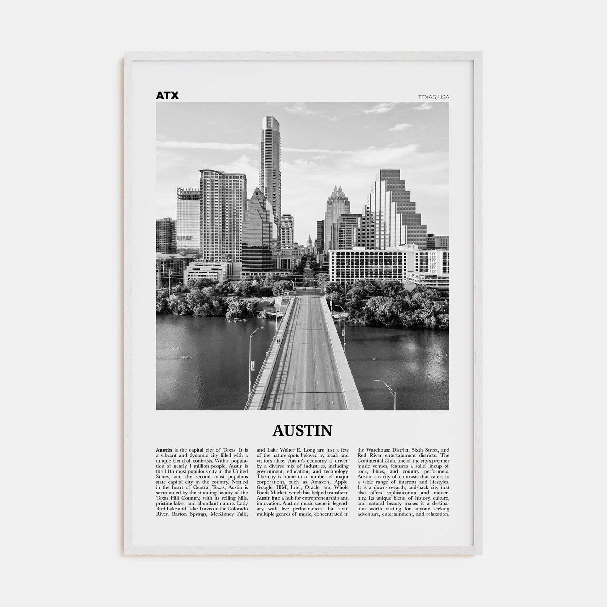 Austin No 1 Poster White Wood / 8x12 in Nbourhood Travel B&W Poster