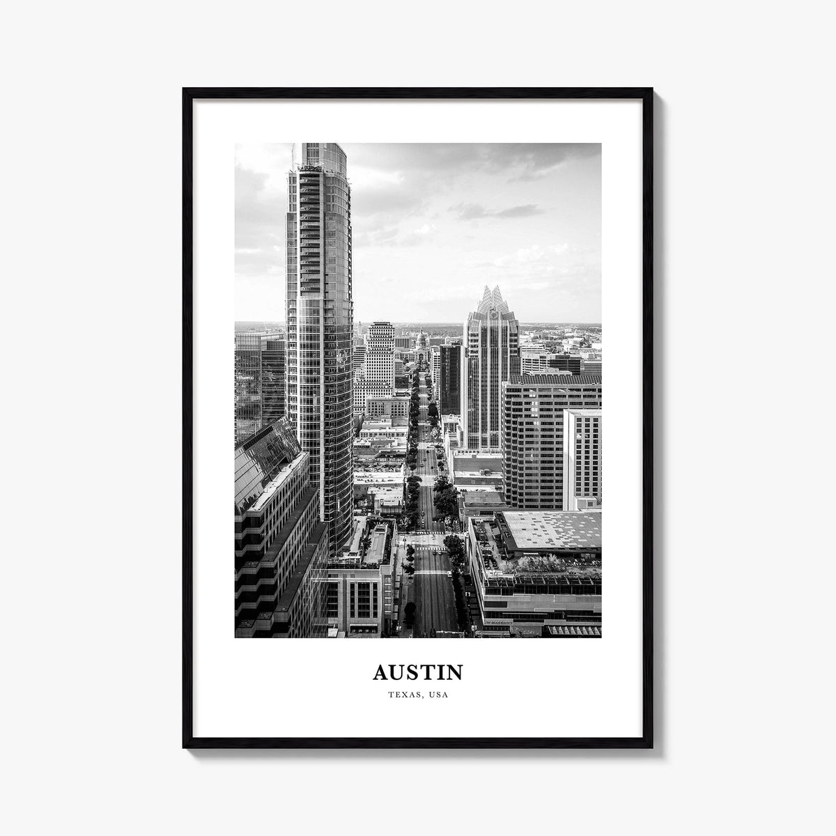 Austin no. 2 black & white classic poster of Texas, USA – vertical wall art, unframed print shown in interior mockup