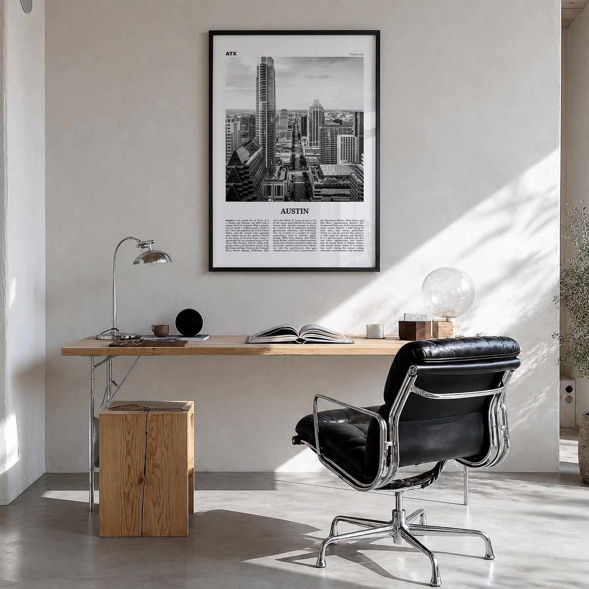 Austin no. 2 black & white newspaper poster of Texas, USA – vertical wall art in black wood frame, hanging on wall