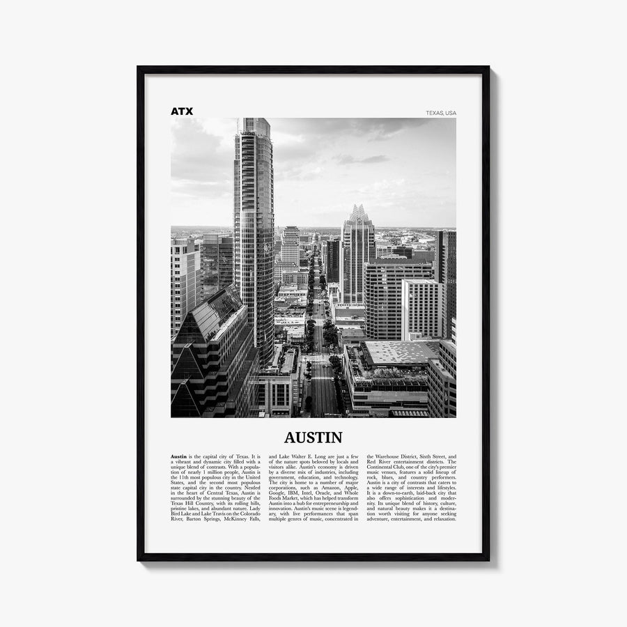 Austin no. 2 black & white newspaper poster of Texas, USA – vertical wall art, unframed print shown in interior mockup