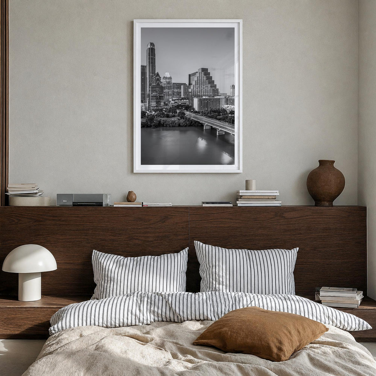 Austin no. 2 black & white photo poster of Texas, USA – vertical wall art in white wood frame with white border, hanging on w