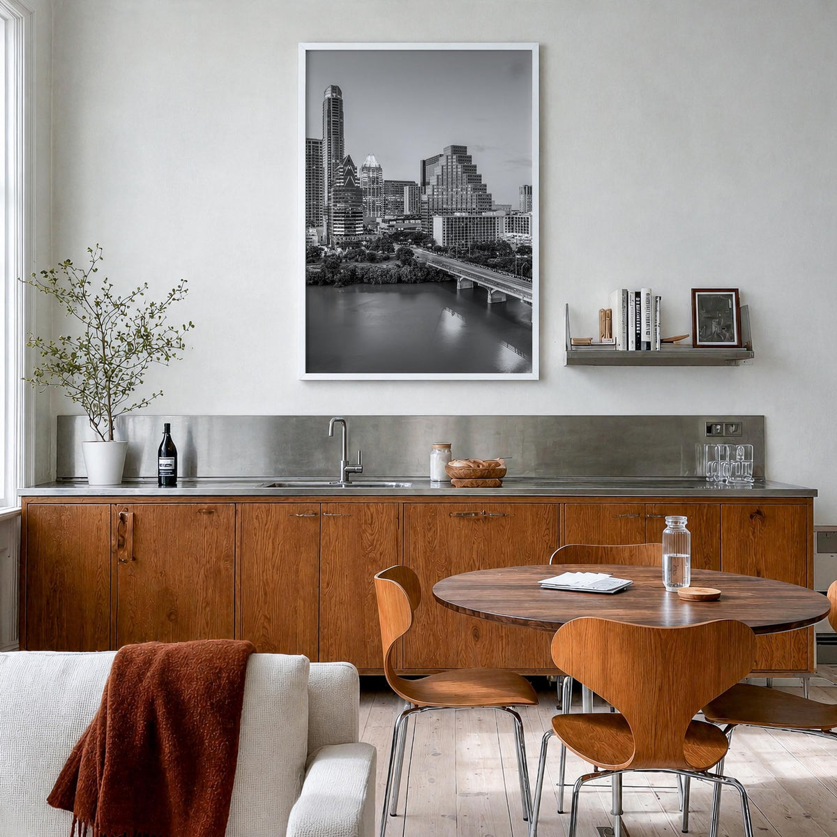 Austin no. 2 black & white photo poster of Texas, USA – vertical wall art in white wood frame, hanging on wall