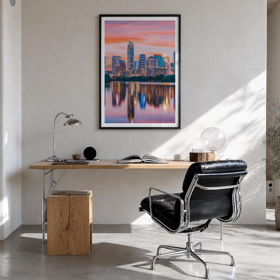 Austin no. 2 colorful photo poster of Texas, USA – vertical wall art in black wood frame with white border, hanging on wall