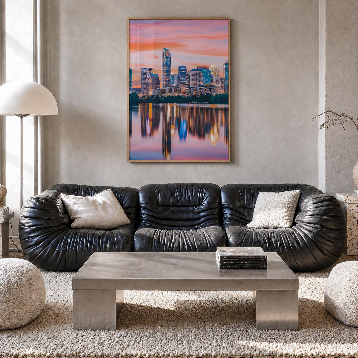 Austin no. 2 colorful photo poster of Texas, USA – vertical wall art in natural wood frame, hanging on wall