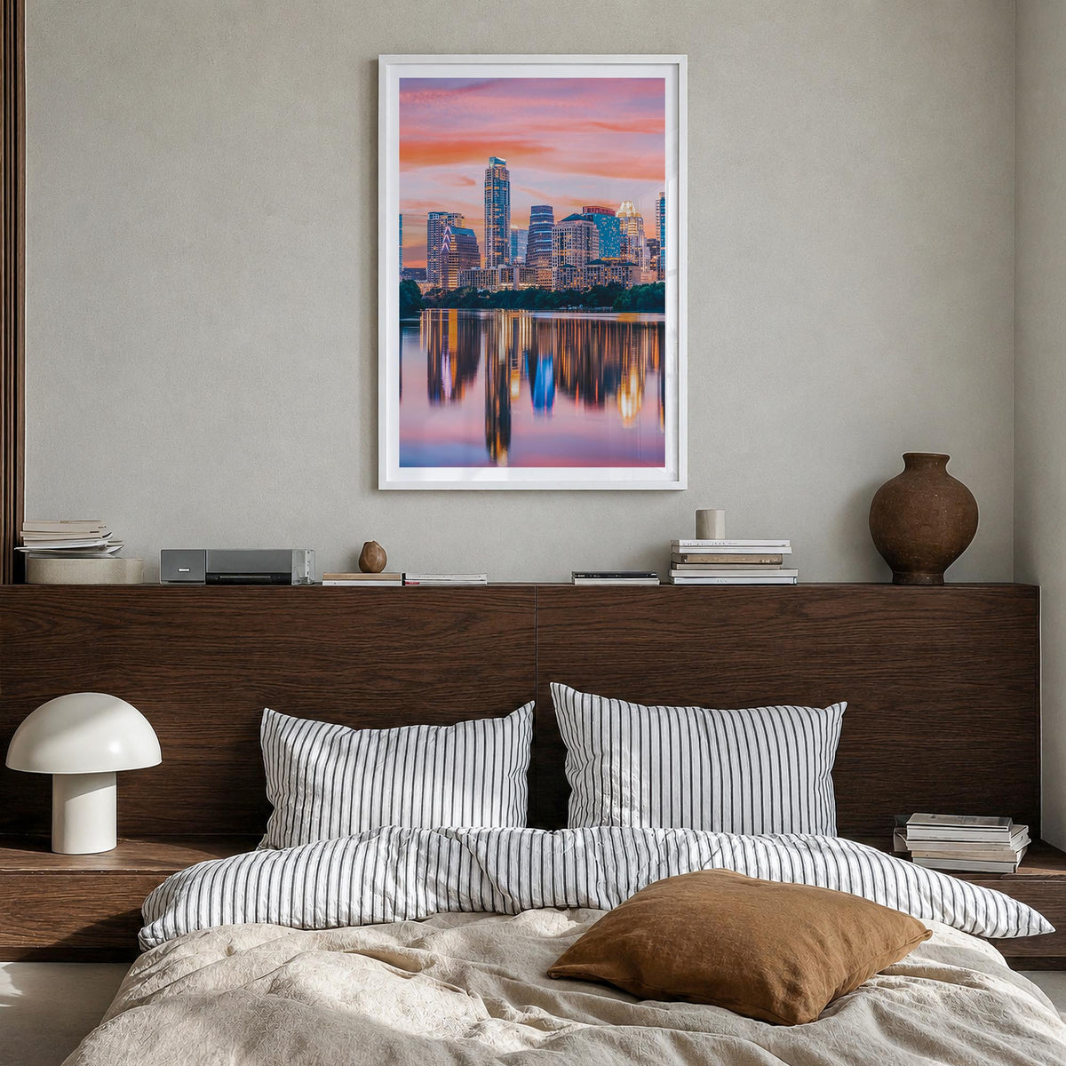 Austin no. 2 colorful photo poster of Texas, USA – vertical wall art in white wood frame with white border, hanging on wall