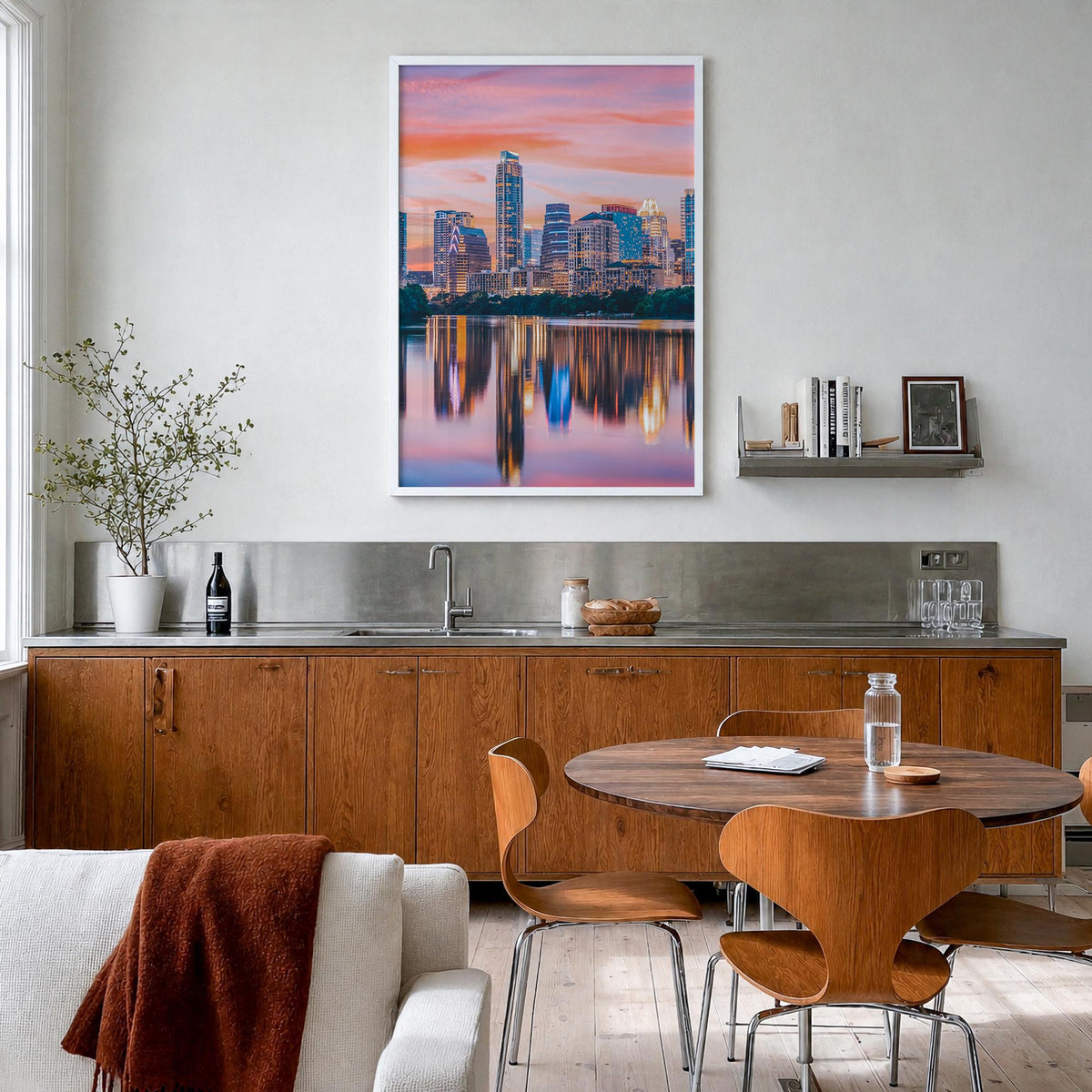Austin no. 2 colorful photo poster of Texas, USA – vertical wall art in white wood frame, hanging on wall