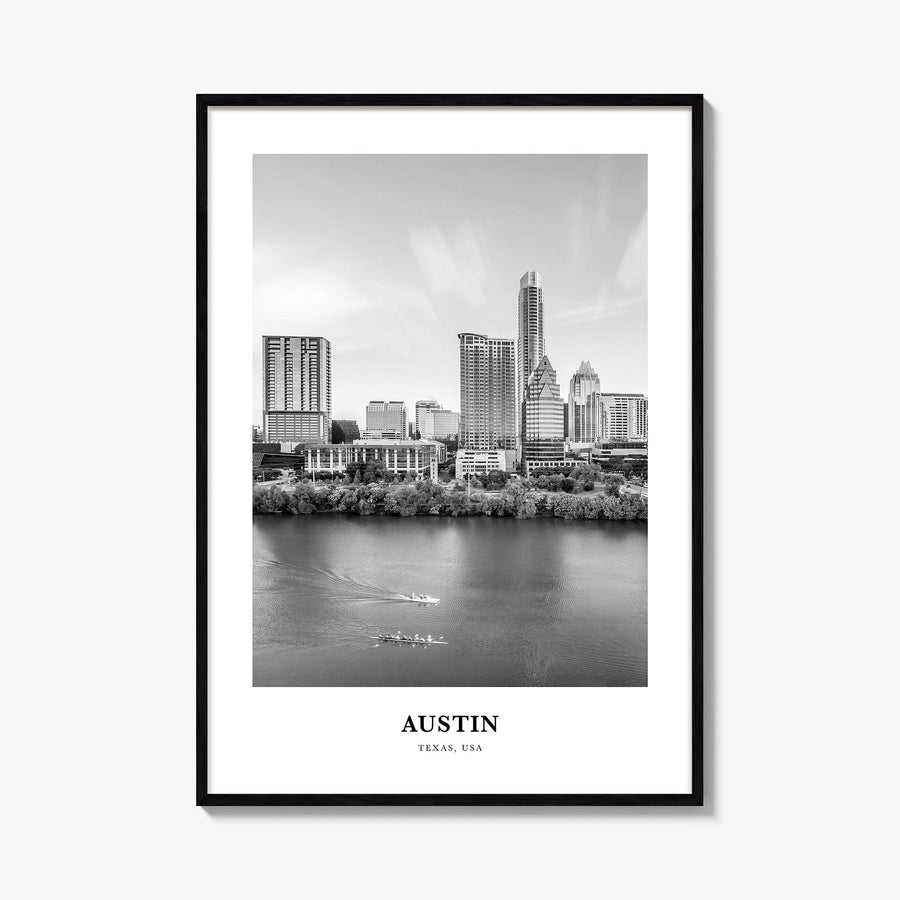 Austin no. 3 black & white classic poster of Texas, USA – vertical wall art, unframed print shown in interior mockup