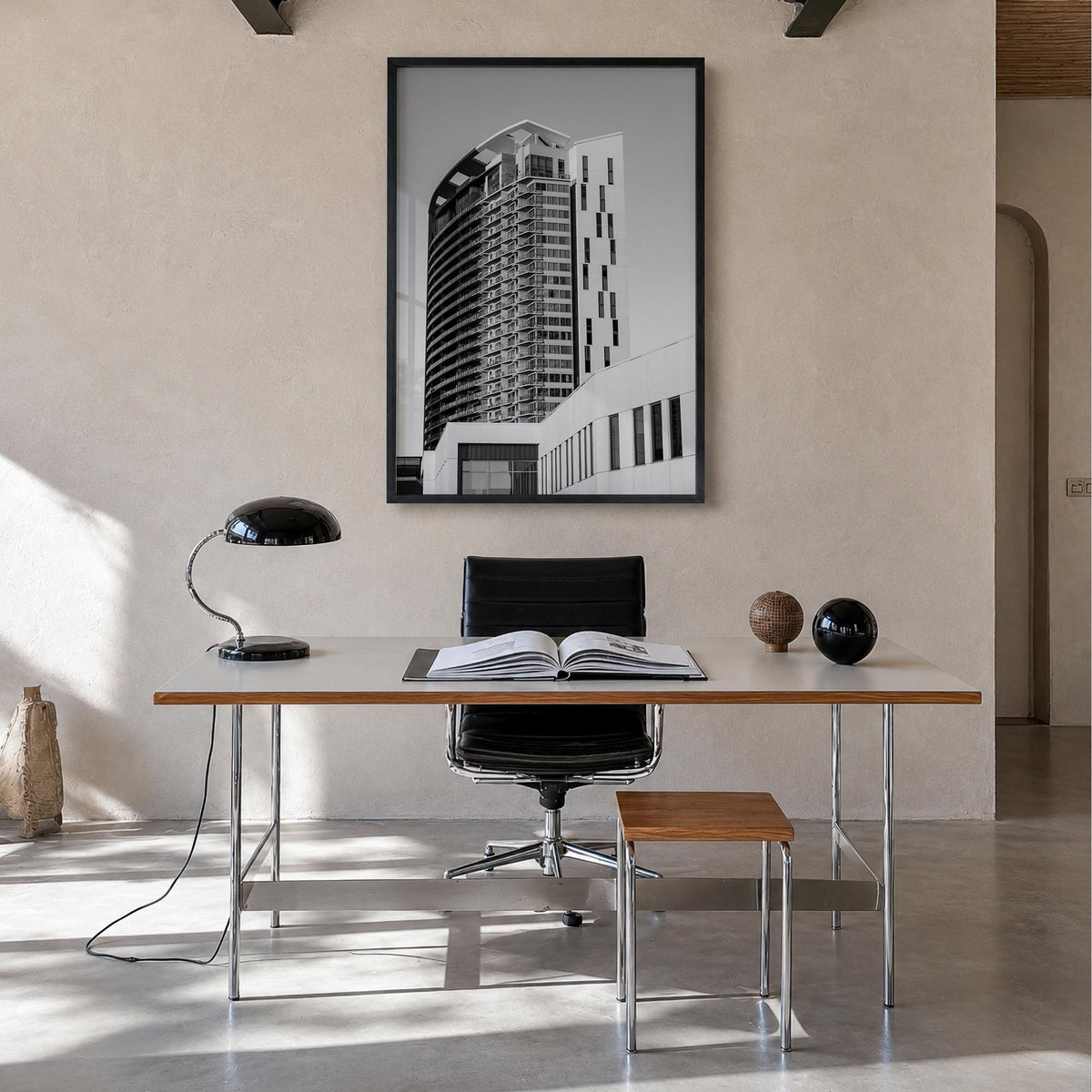Austin no. 3 black & white photo poster of Texas, USA – vertical wall art in black wood frame, hanging on wall