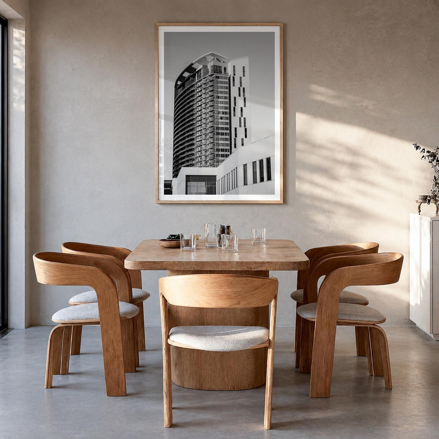 Austin no. 3 black & white photo poster of Texas, USA – vertical wall art in natural wood frame with white border, hanging on