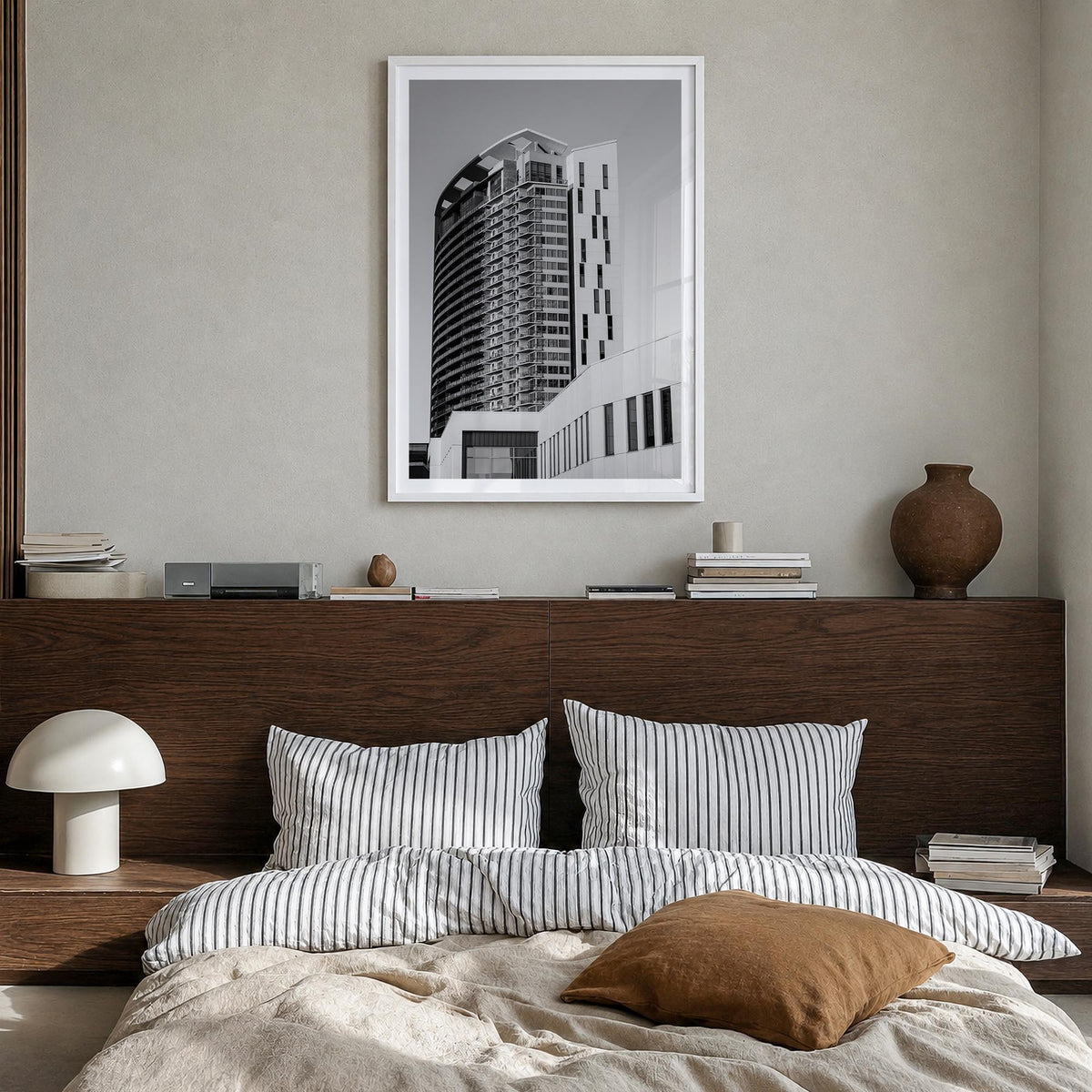 Austin no. 3 black & white photo poster of Texas, USA – vertical wall art in white wood frame with white border, hanging on w