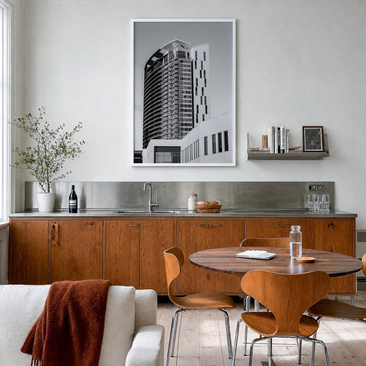 Austin no. 3 black & white photo poster of Texas, USA – vertical wall art in white wood frame, hanging on wall