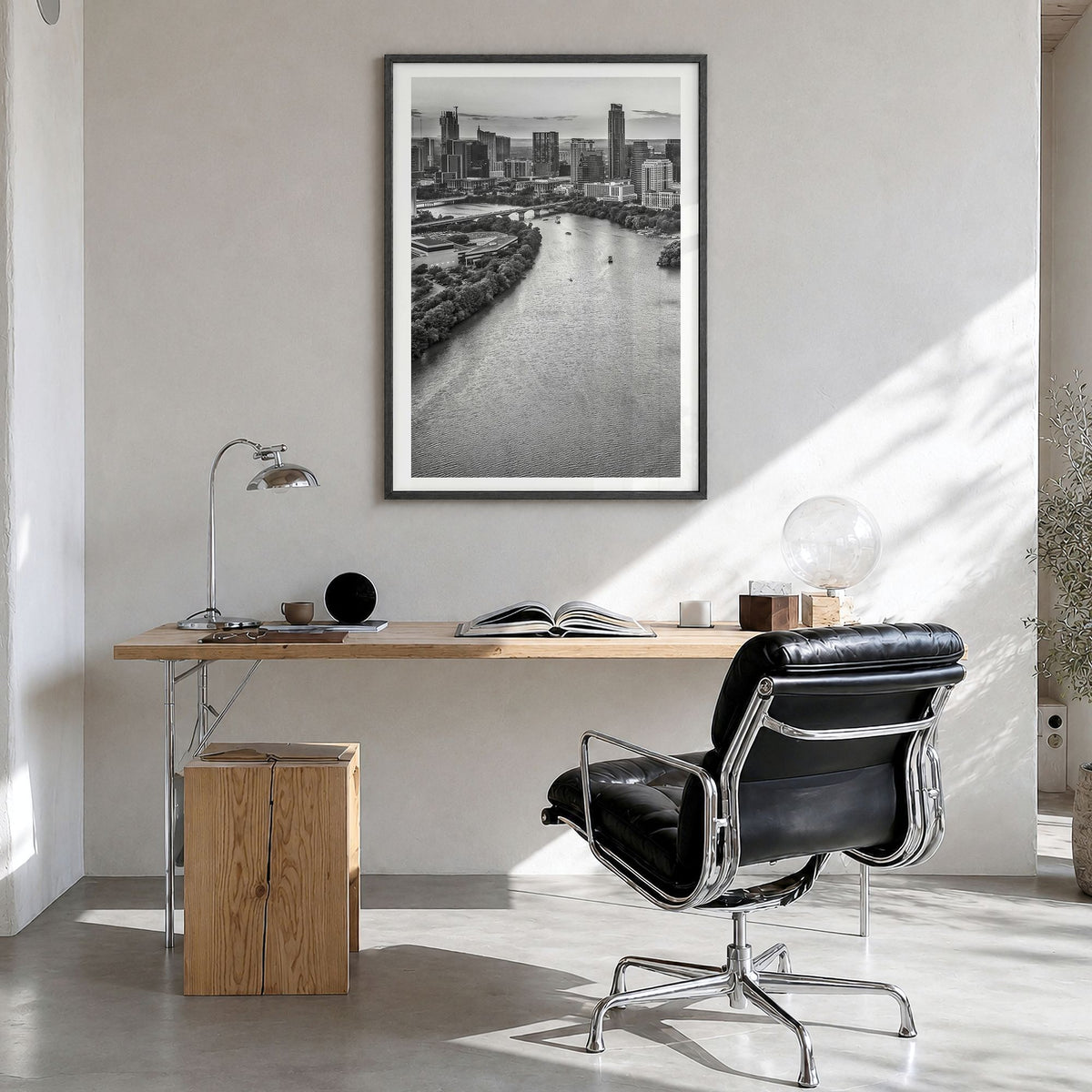 Austin Photo No 1 Poster in a black wood frame, hanging in a bright home office, white border