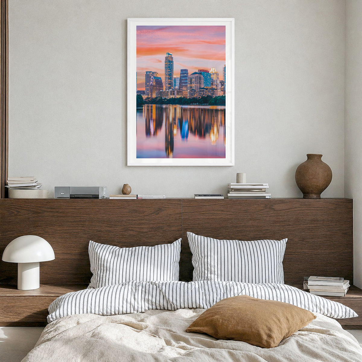 Austin Photo No 2 Poster in a white wood frame, hanging in a bedroom, white border