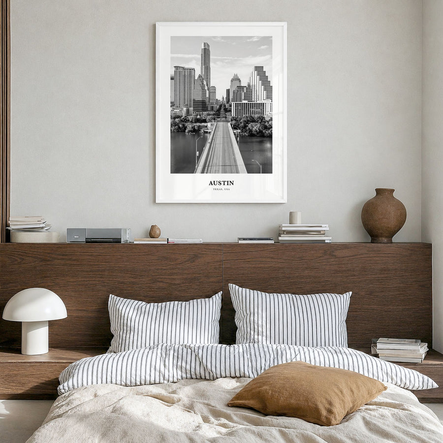 Austin Classic No 1 Poster in a white wood frame, hanging in a bedroom