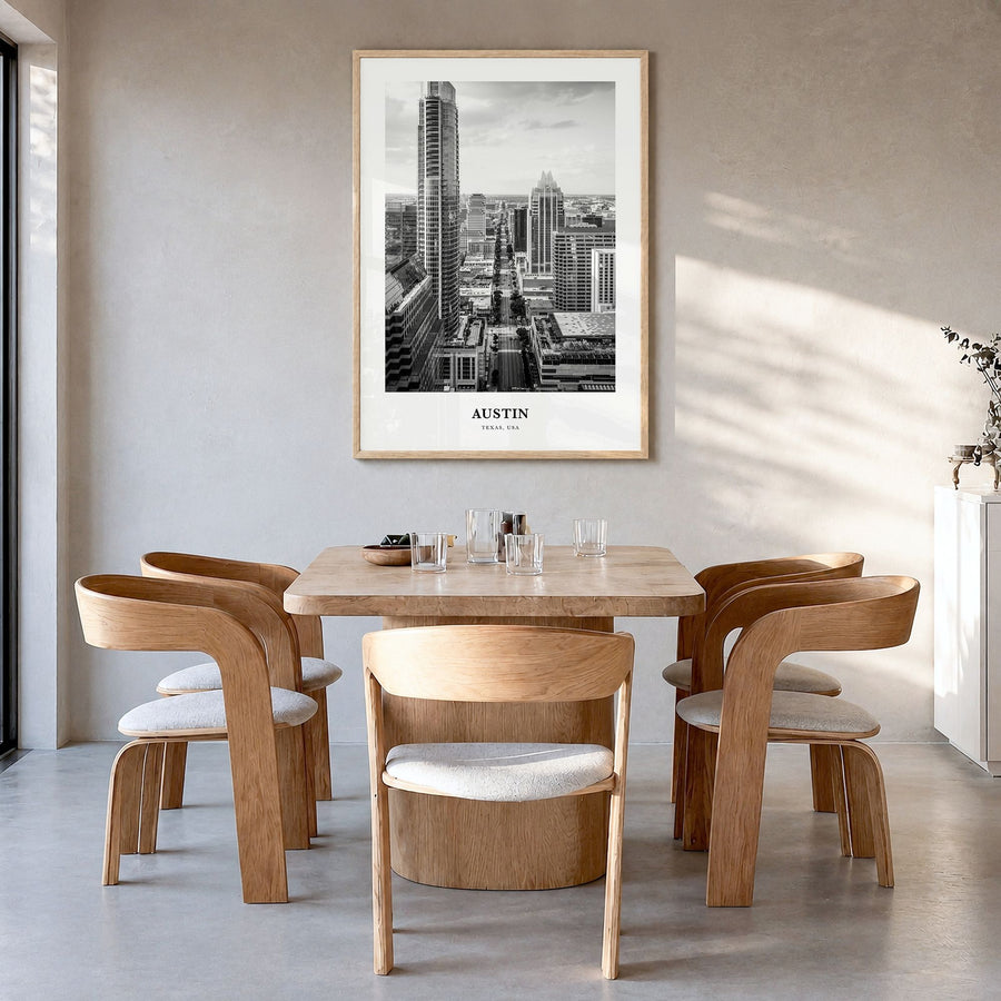 Austin Classic No 2 Poster in a natural wood frame, hanging in a dining room