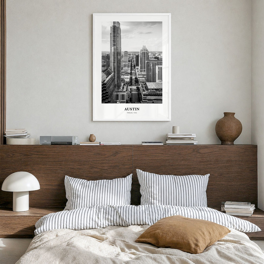 Austin Classic No 2 Poster in a white wood frame, hanging in a bedroom