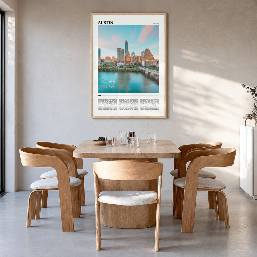 Austin Travel Poster in a natural wood frame, hanging in a dining room