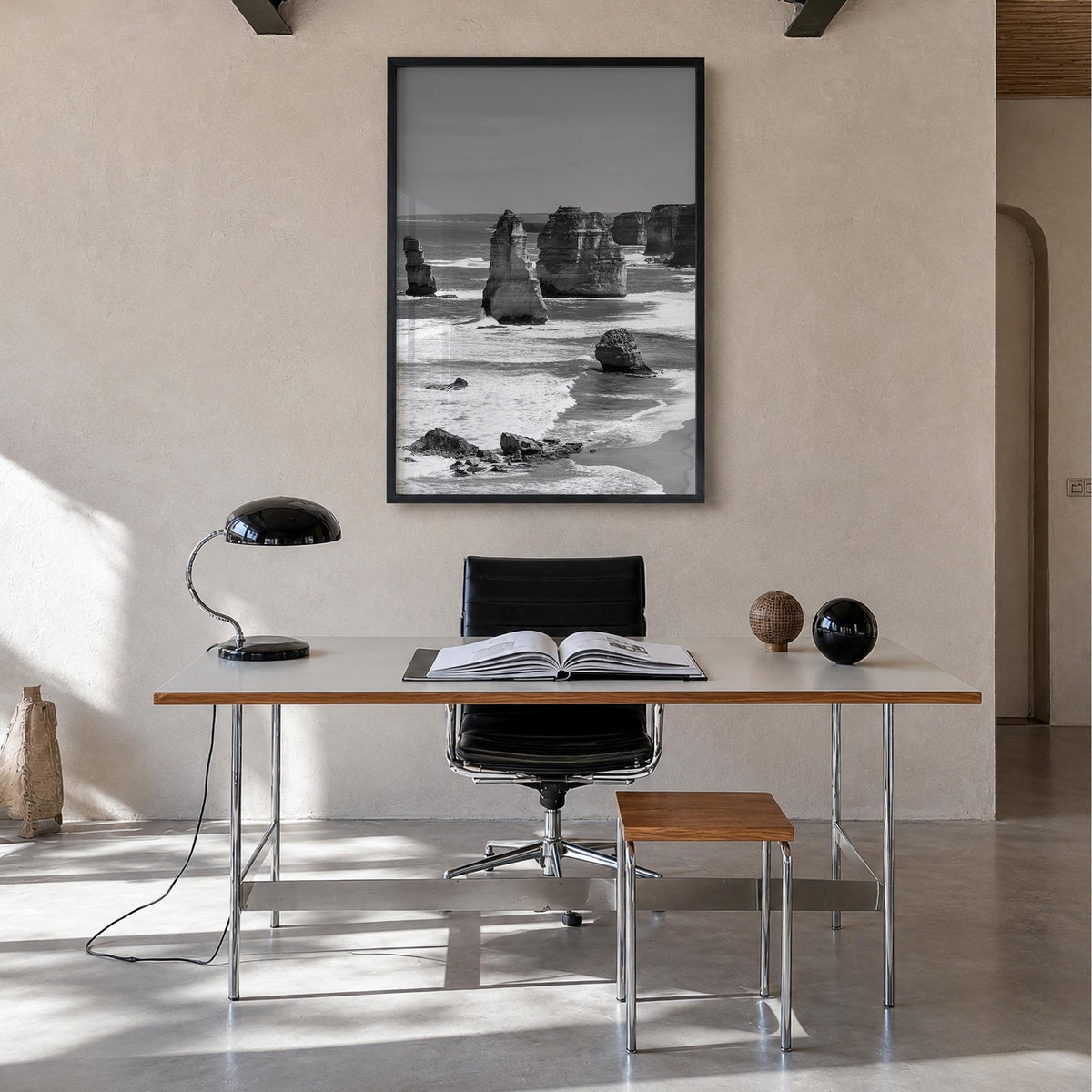 Australia black & white photo poster of Oceania – vertical wall art in black wood frame, hanging on wall
