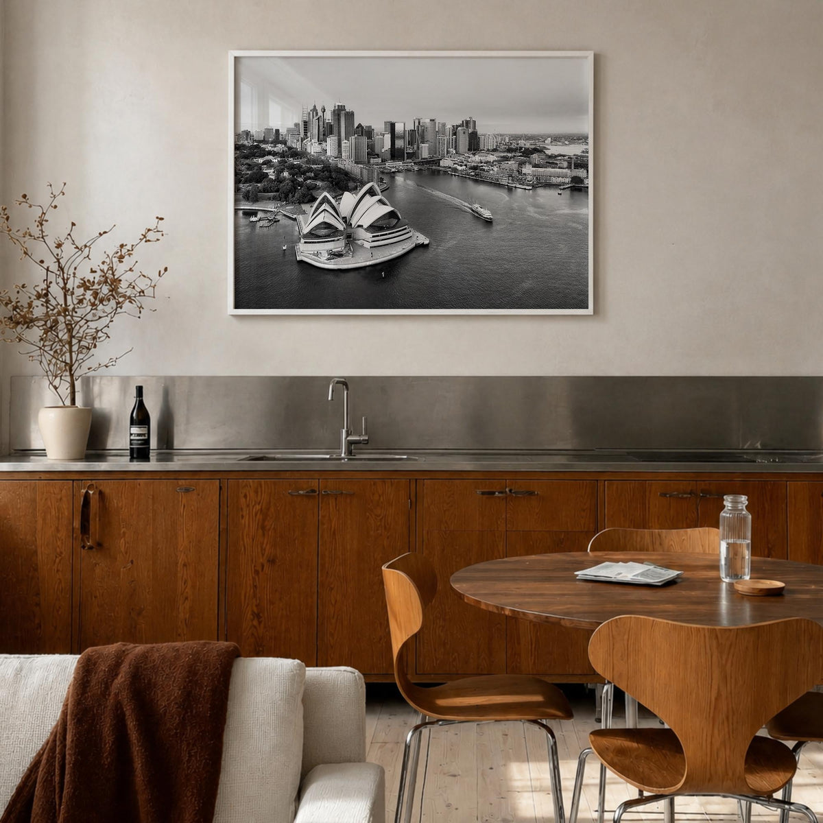 Australia black & white photo poster of Oceania – horizontal wall art in white wood frame, hanging on wall