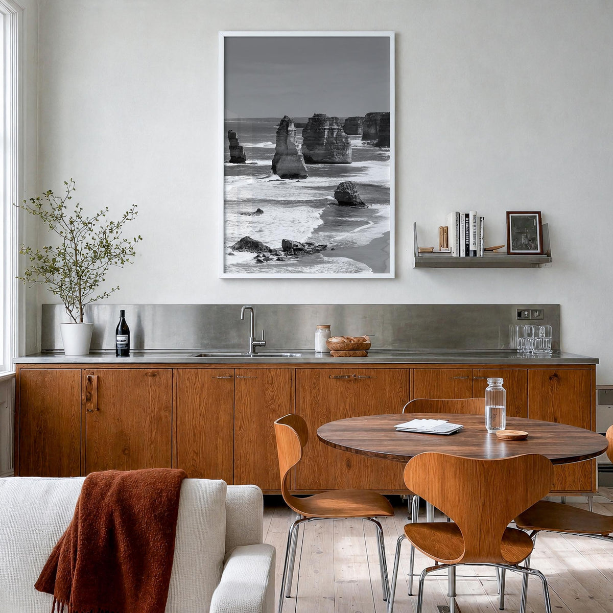 Australia black & white photo poster of Oceania – vertical wall art in white wood frame, hanging on wall