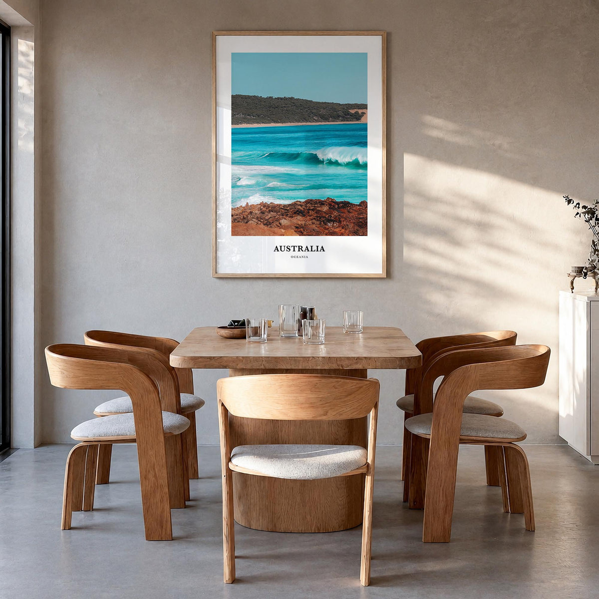 Australia colorful classic poster of Oceania – vertical wall art in natural wood frame, hanging on wall